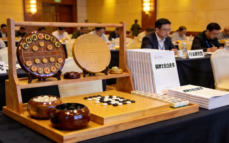 棋牌文化白皮书发布现场，展示架上陈列着传统棋具与行业研究报告