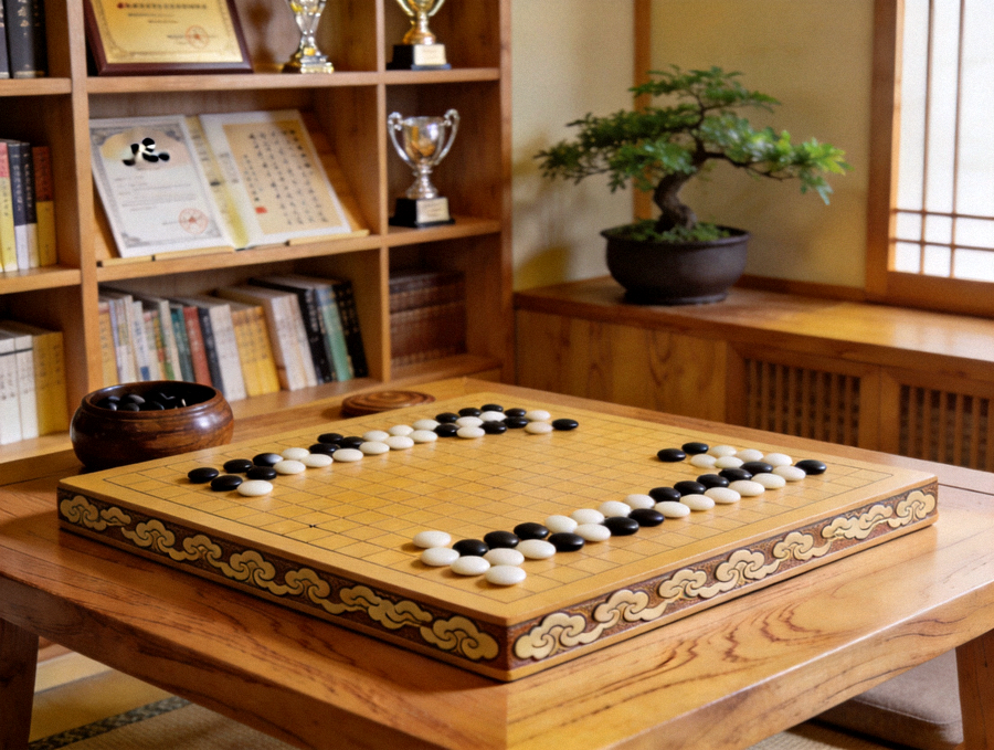 悠扬棋牌智慧棋院内景，木质棋桌上整齐摆放着围棋棋盘与黑白棋子，环境雅致安静