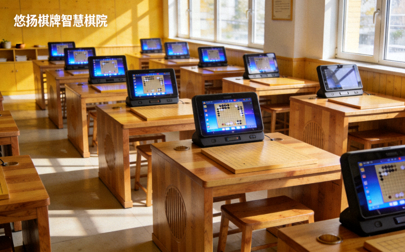 悠扬棋牌智慧棋院内部空间，明亮的木质棋桌与智能对弈终端并排陈列